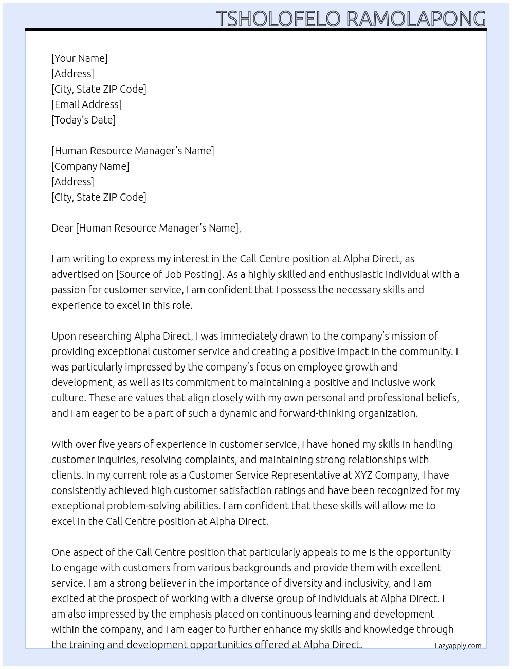 Call centre At Alpha Direct Cover Letter