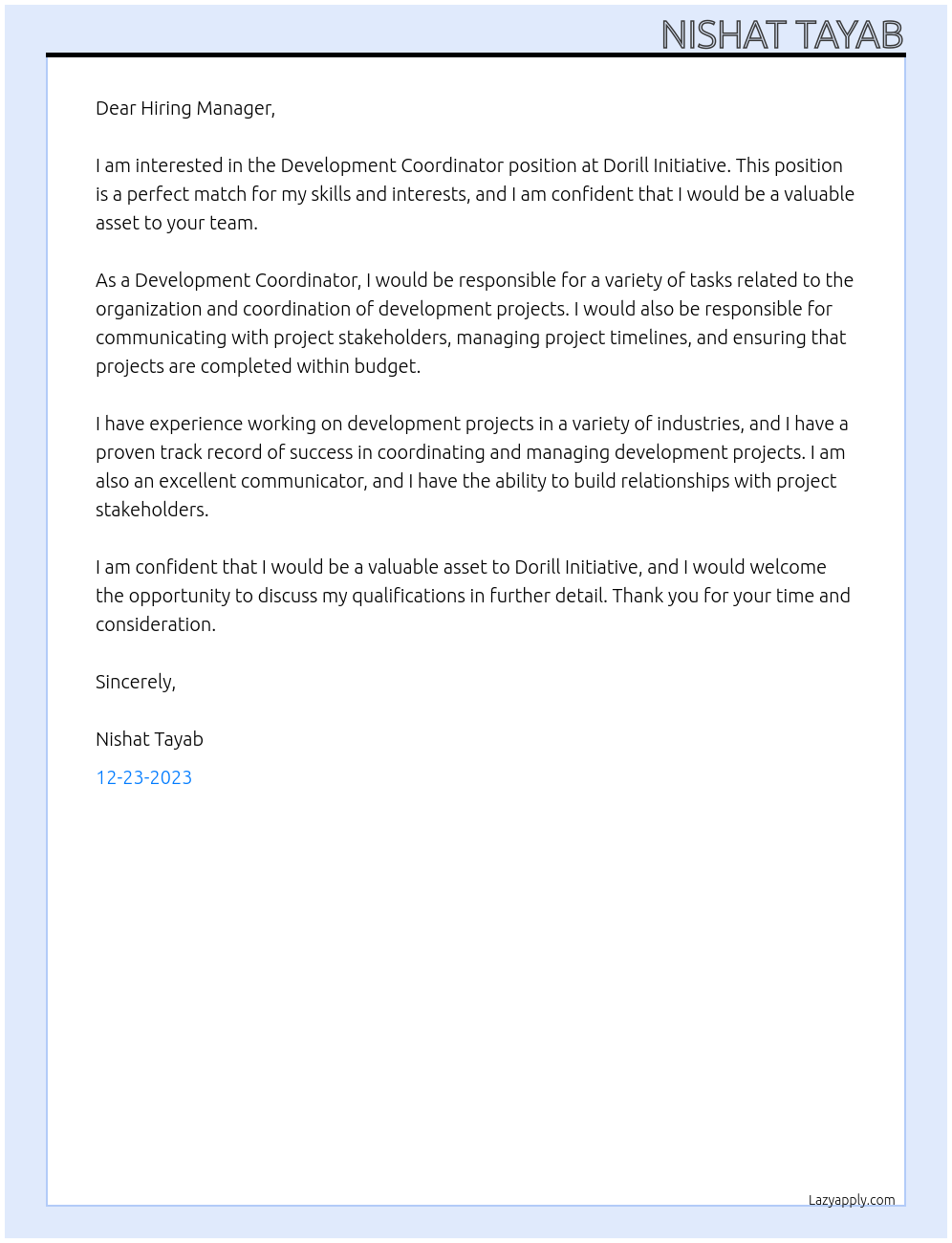 Development Coordinator At Dorill Initiative Cover Letter
