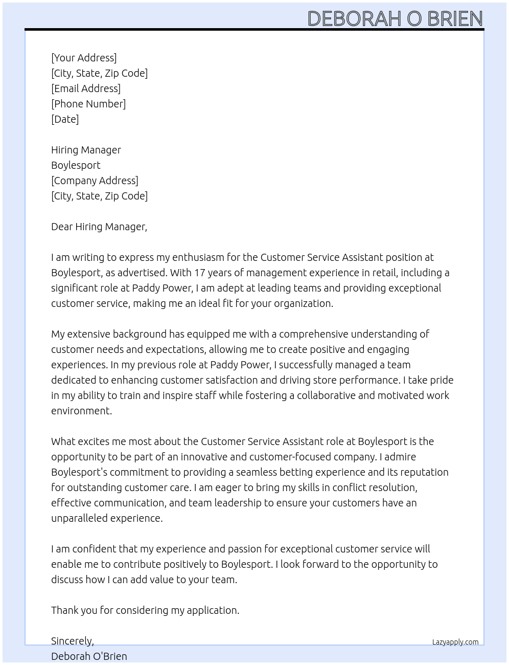 Customer service assistant At Boylesport Cover Letter