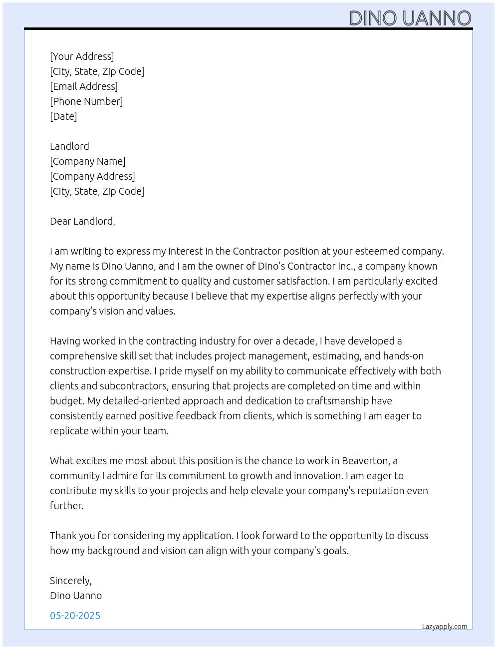 Contractor At Dinos contractor inc Cover Letter