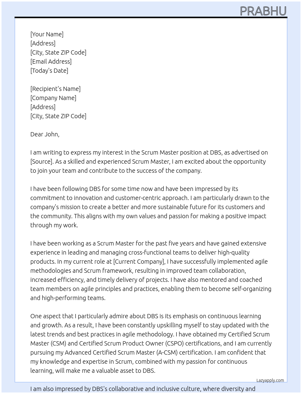 Scrum master At DBS Cover Letter