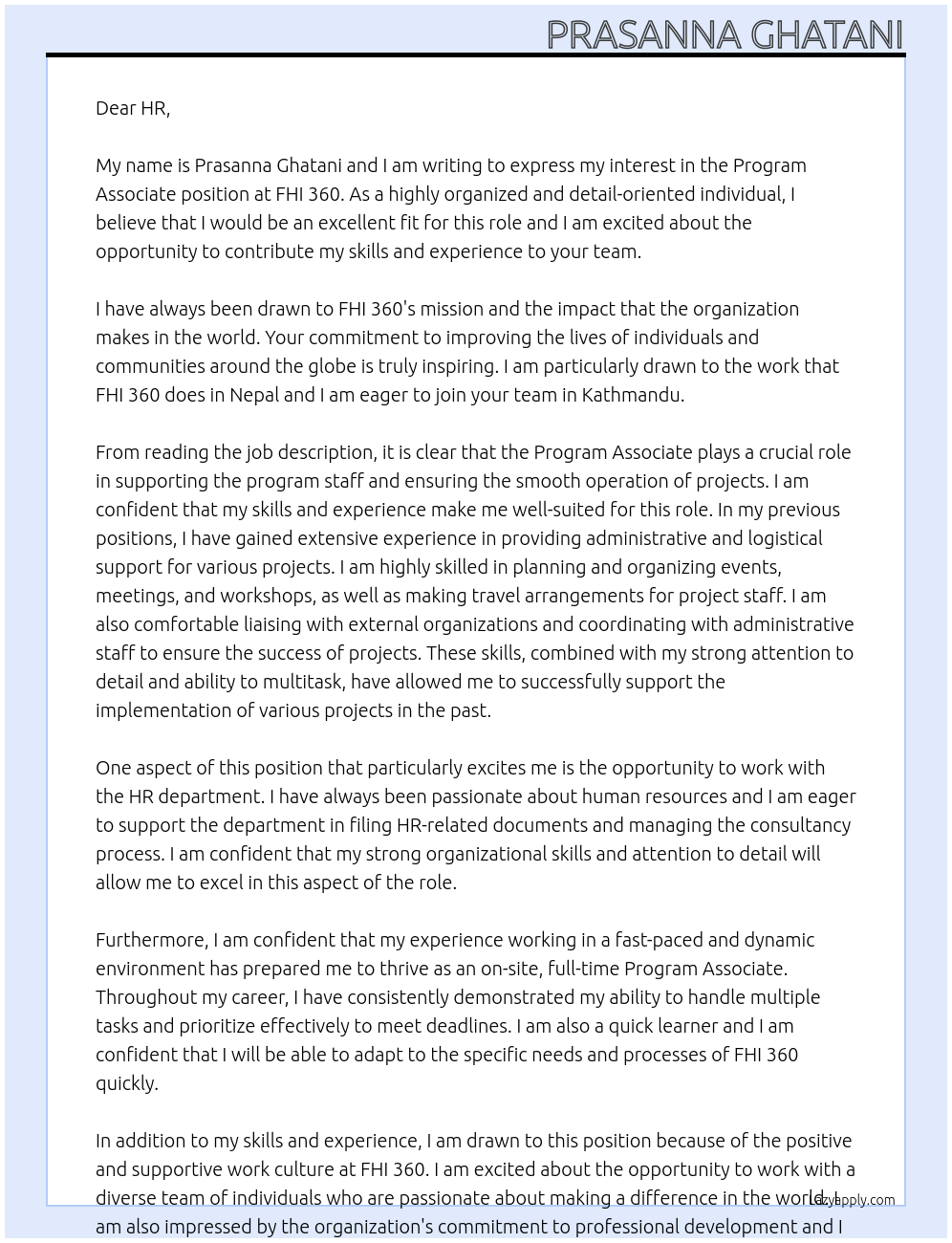 Program Associate At FHI 360 Cover Letter