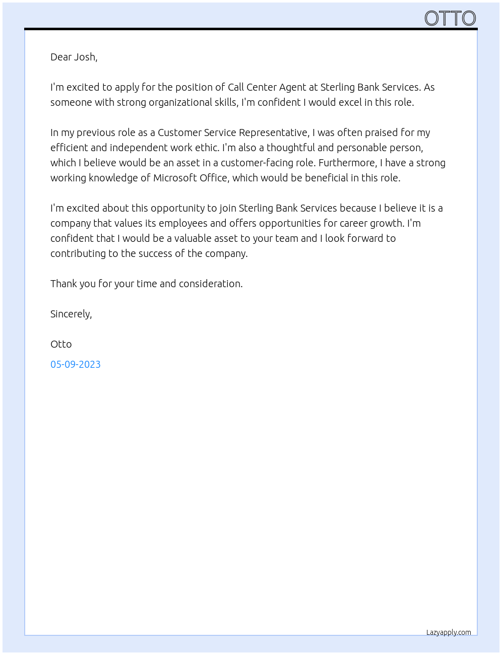 Call Center Agent At Sterling Bank Services Cover Letter