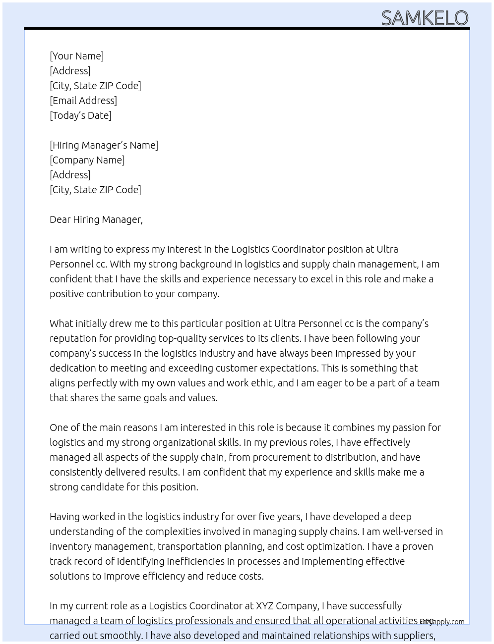 logistics coordinator At Ultra Personnel cc Cover Letter