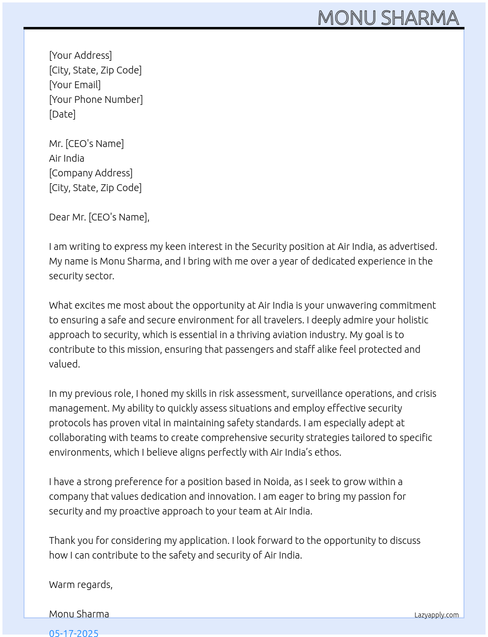 Security  At Air india  Cover Letter