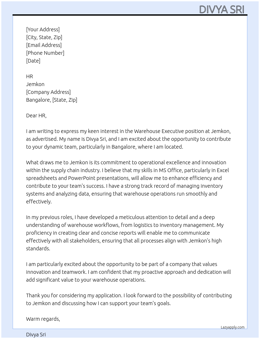 Warehouse executive At Jemkon Cover Letter