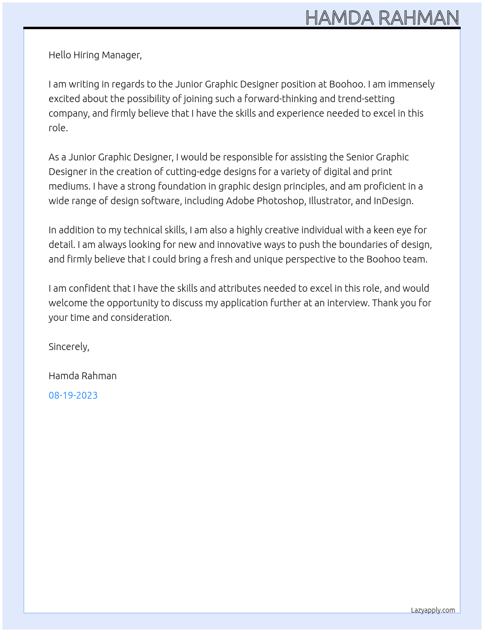 Junior graphic designer At Boohoo Cover Letter