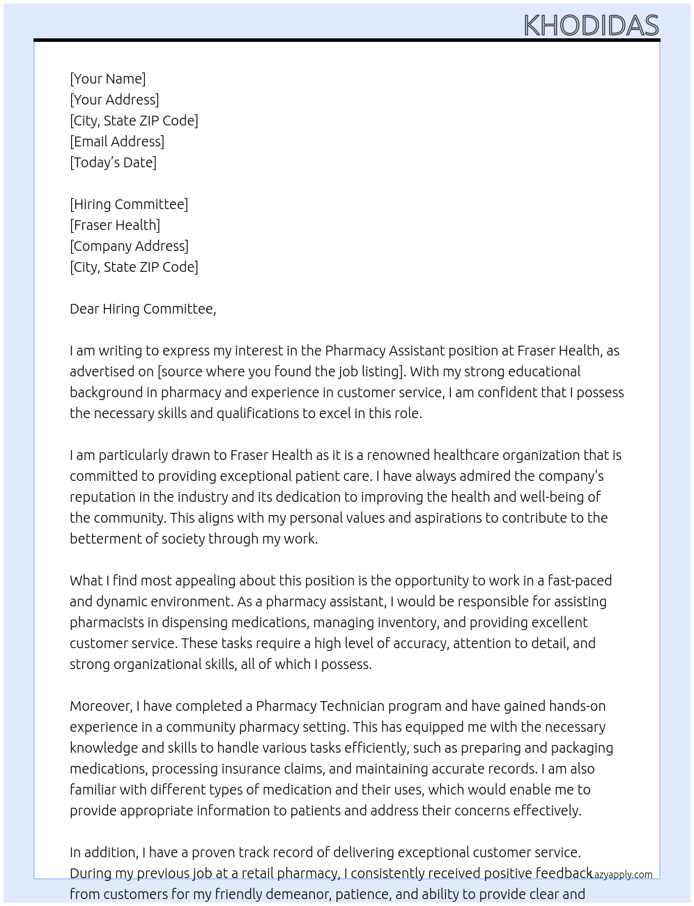 Pharmacy Assistant At Fraser Health Cover Letter