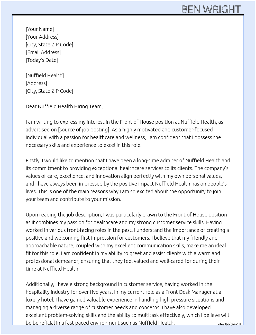 Front of house At Nuffield health Cover Letter