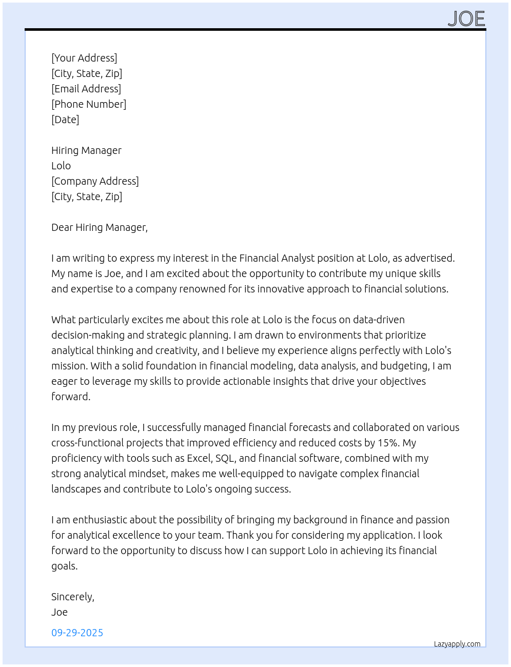 financial analyst At lolo Cover Letter