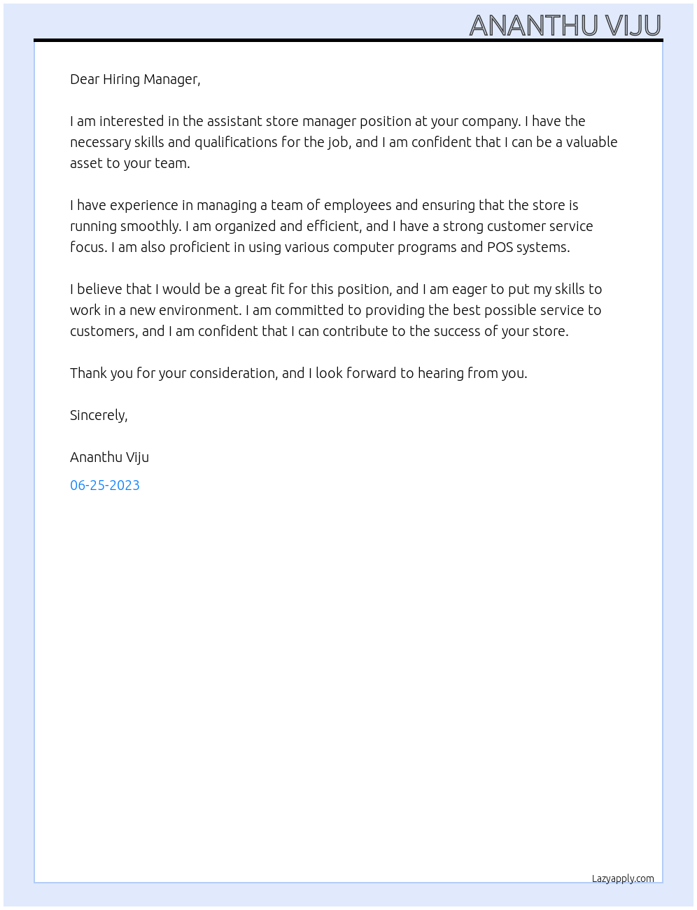 assistant store manager  At your company  Cover Letter