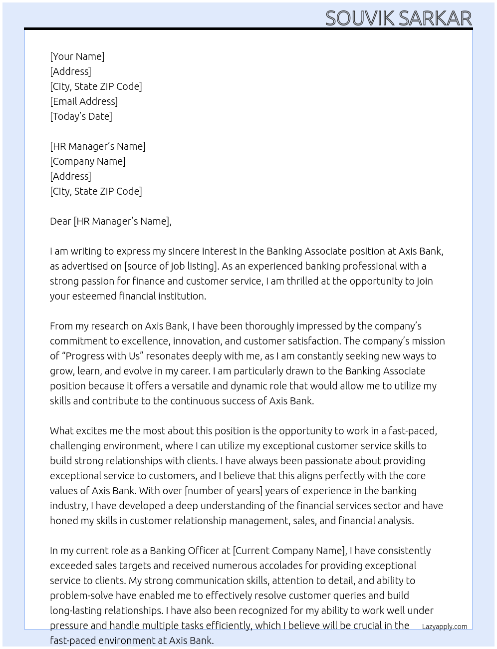 Banking associate At Axis Bank Cover Letter