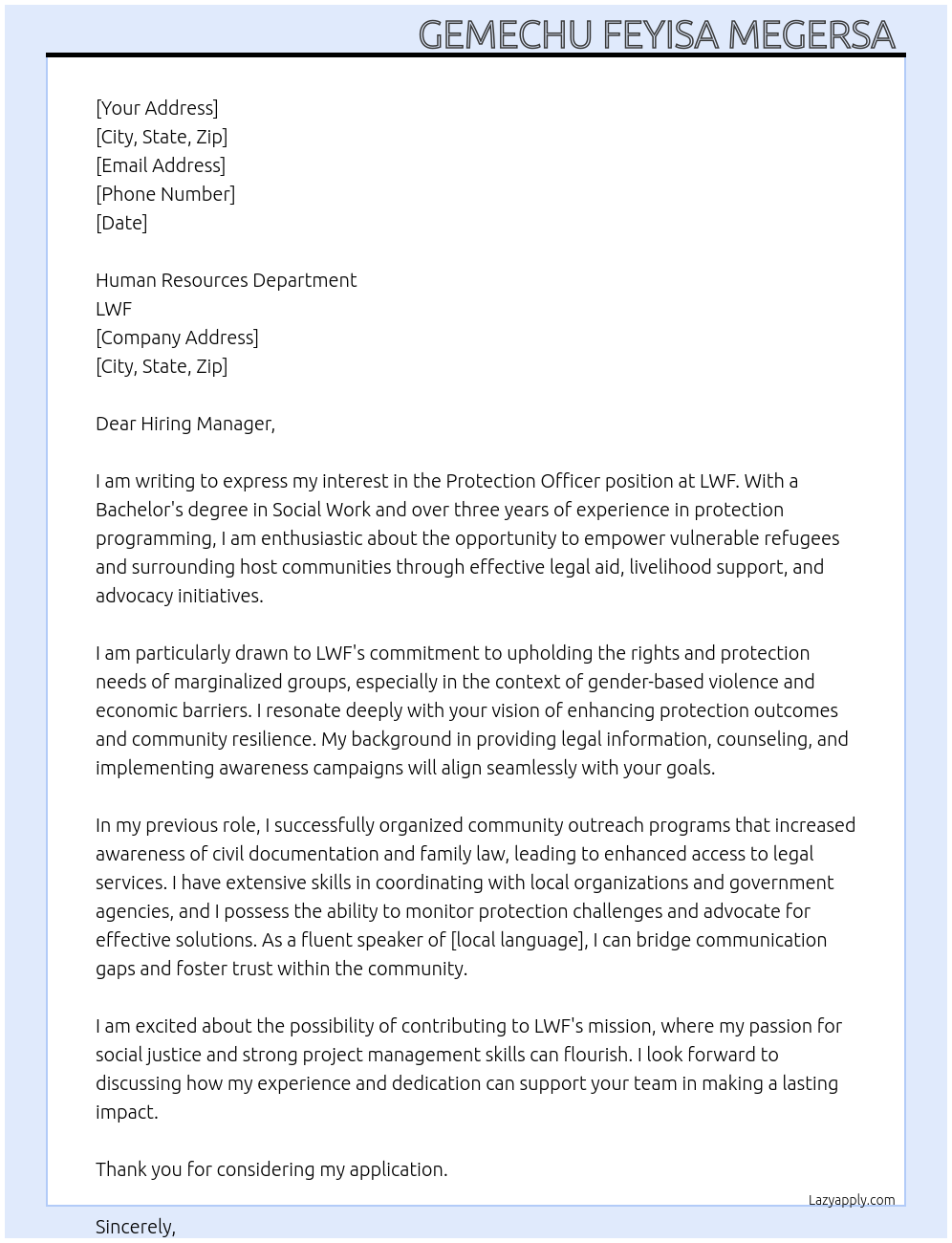 Cover letter for protection officer - LazyApply