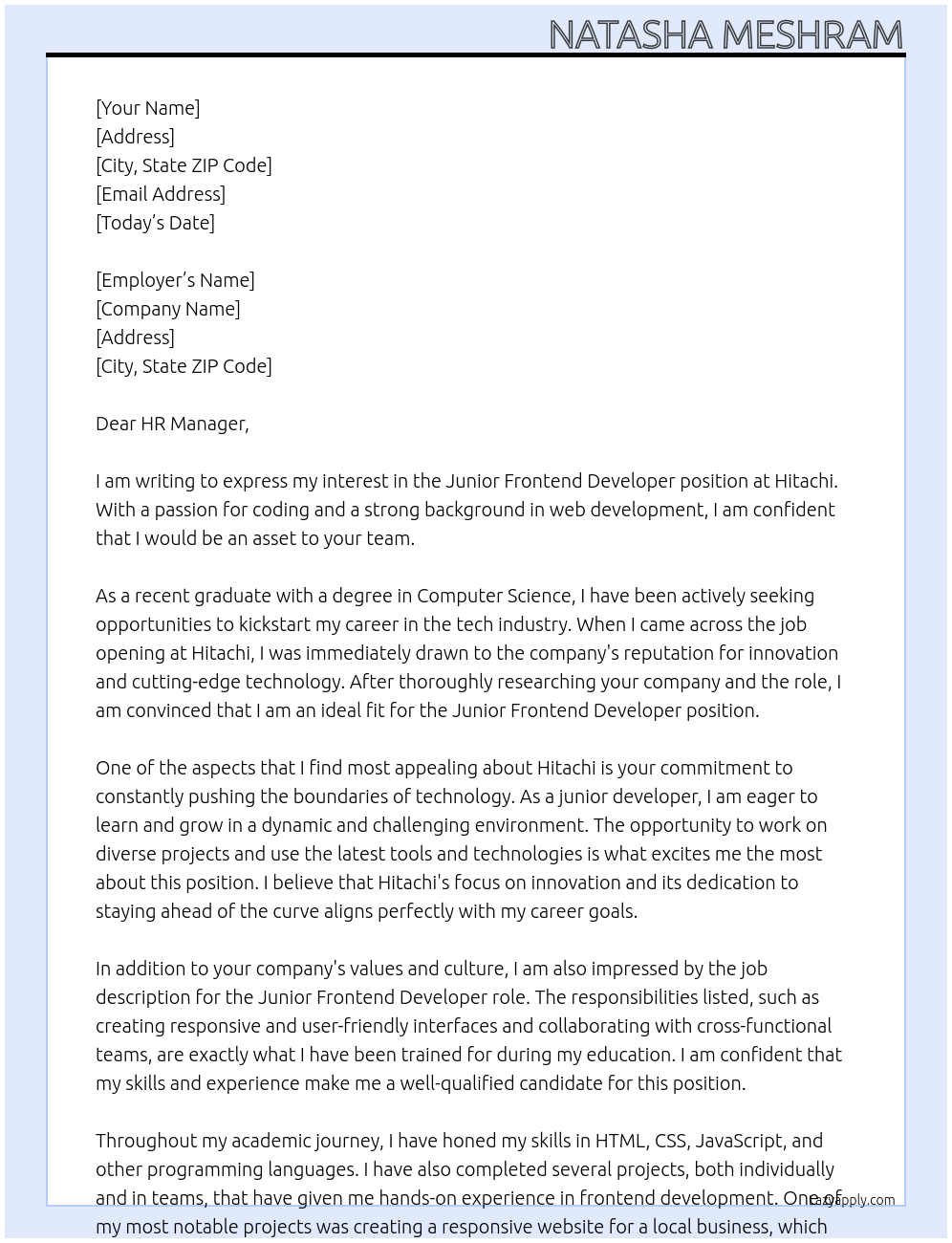 junior frontend developer At Hitachi Cover Letter