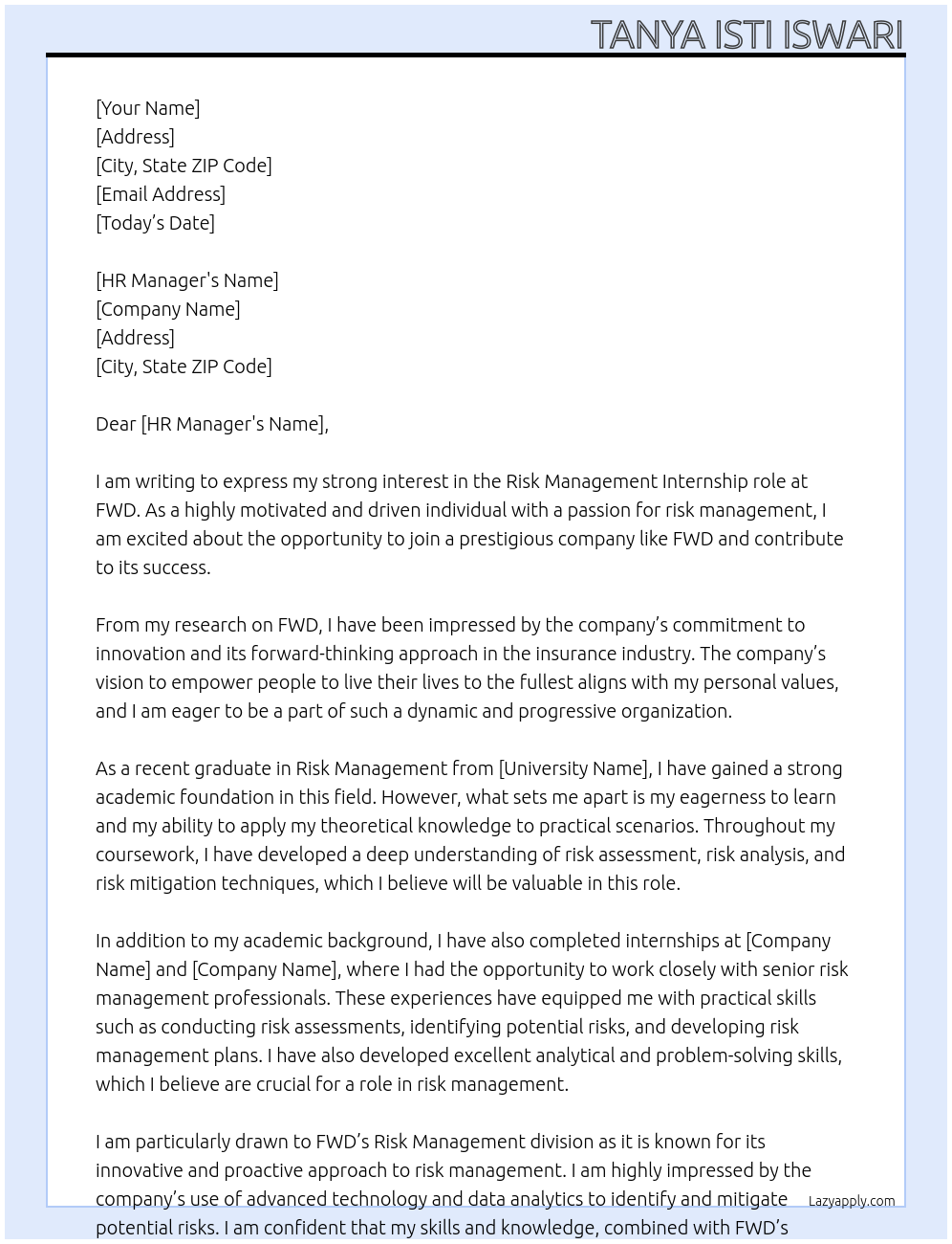 Risk Management At FWD Cover Letter