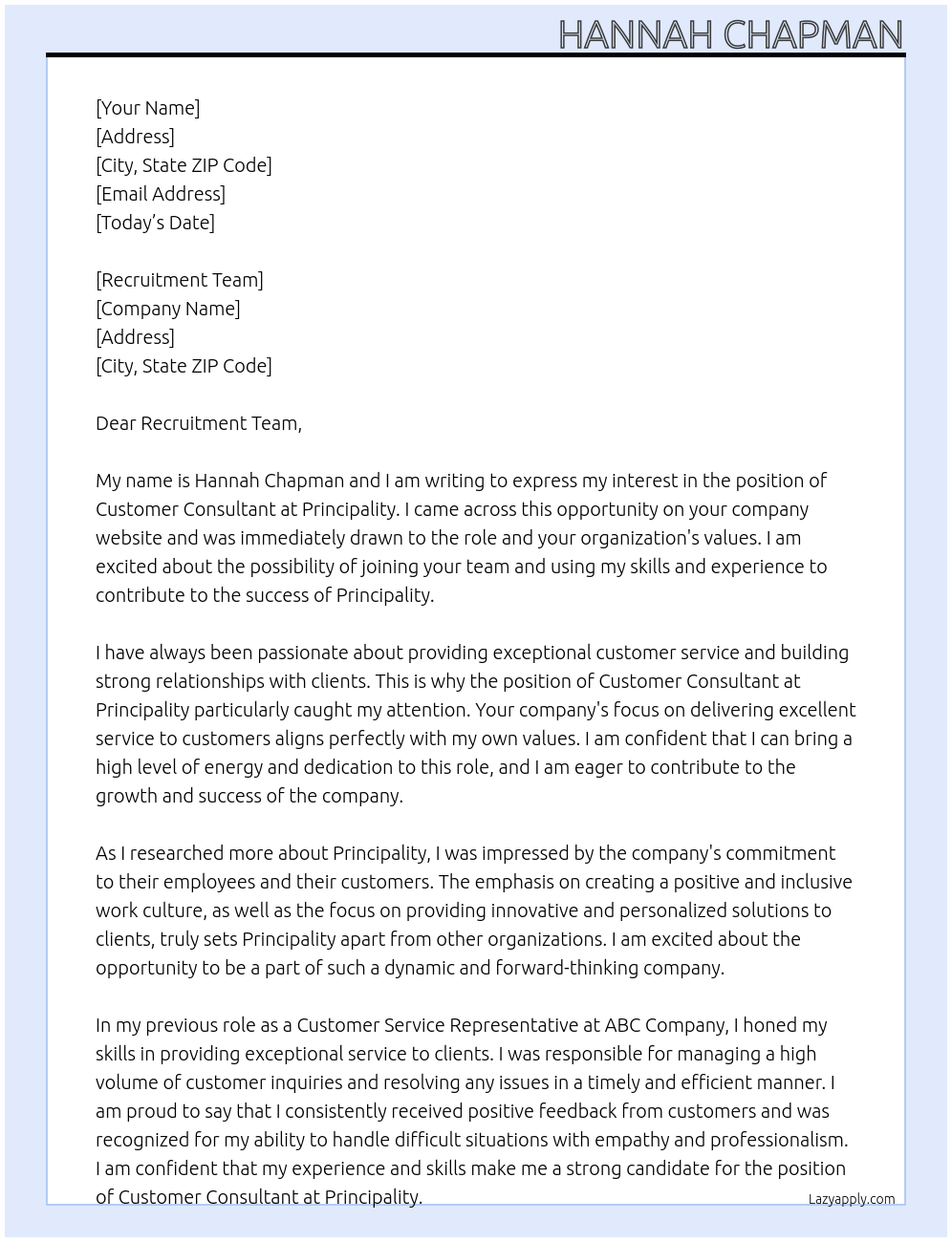 Customer consultant  At Principality  Cover Letter