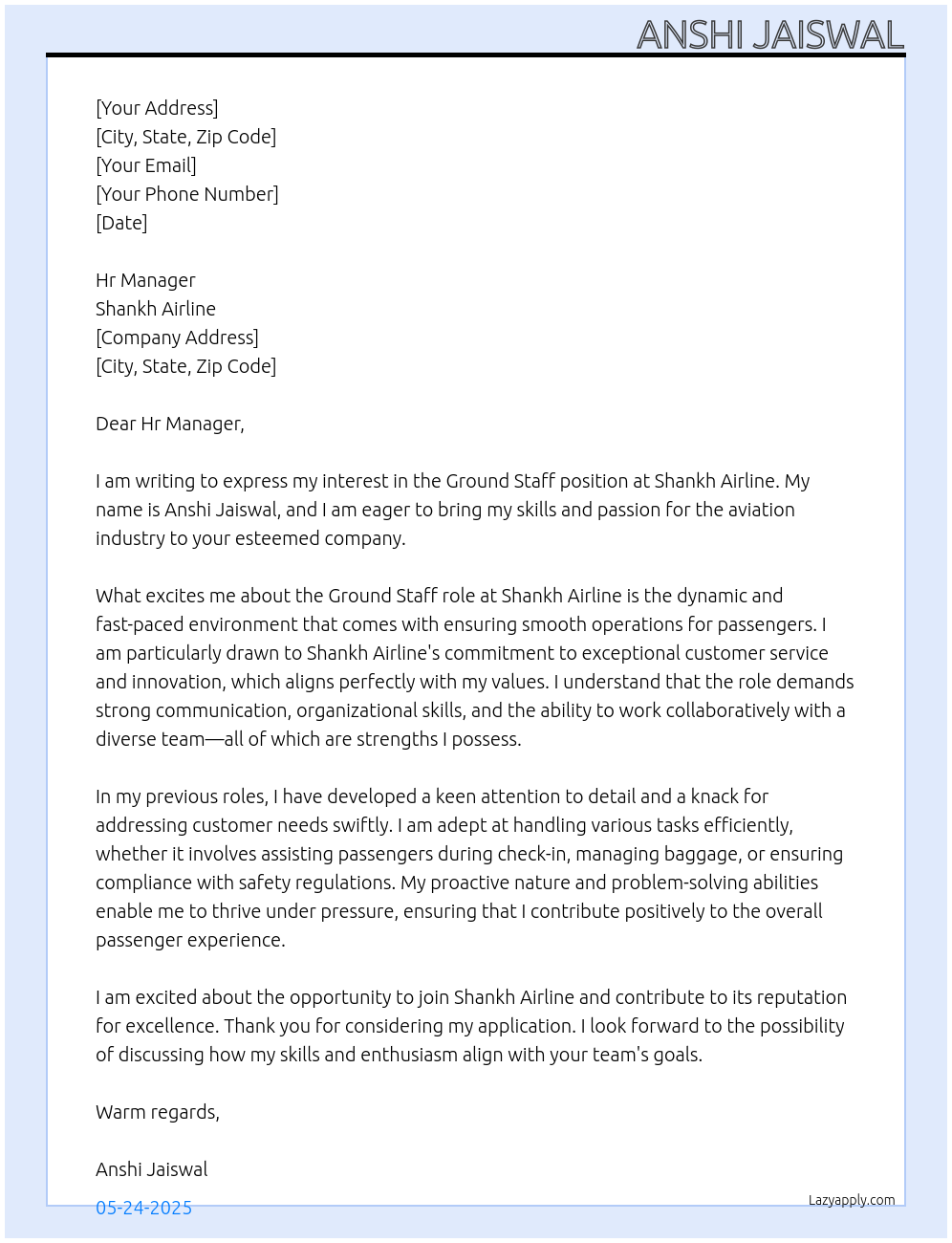 Ground staff At Shankh Airline Cover Letter