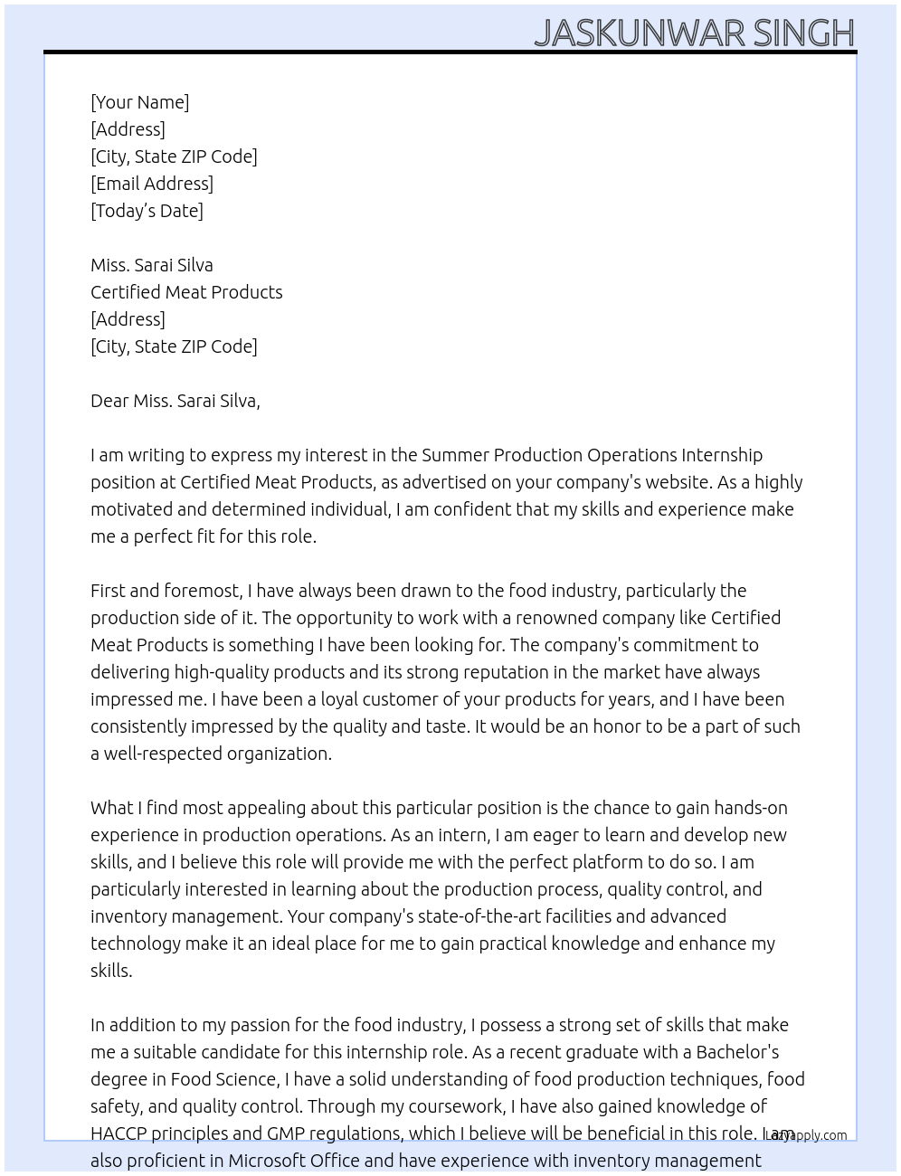 Summer Production Operations Internship At  Certified Meat Products Cover Letter