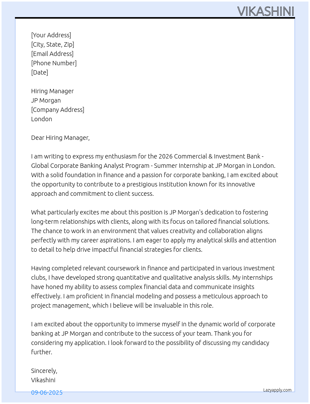 2026 Commercial & Investment Bank - Global Corporate Banking Analyst Program - Summer Internship - London At JP Morgan Cover Letter