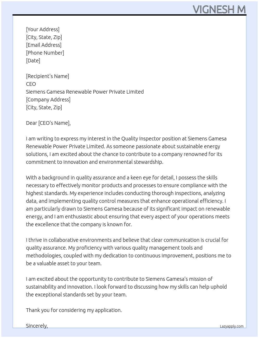 Cover letter for quality inspector - LazyApply