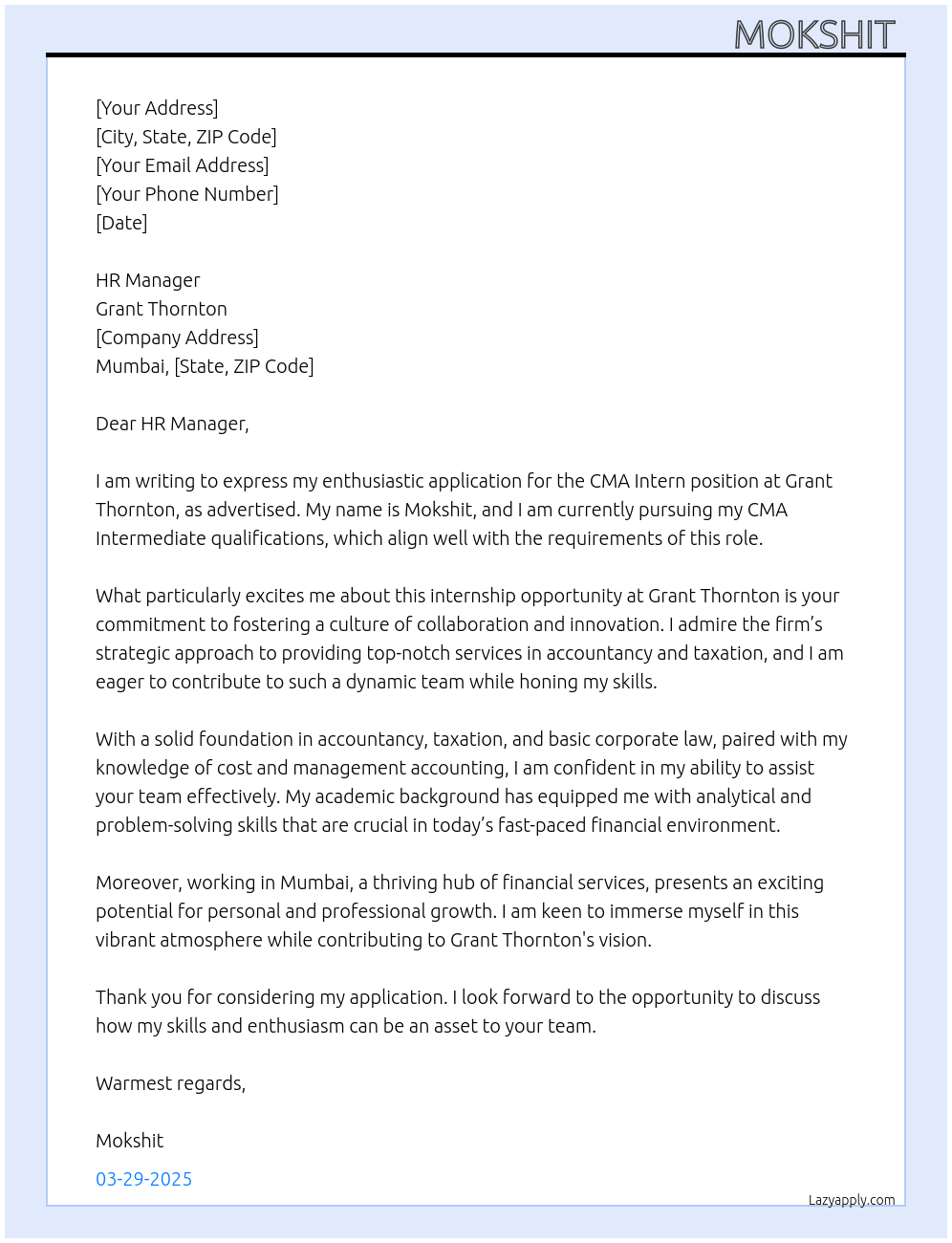 Cover letter for cma inter - LazyApply