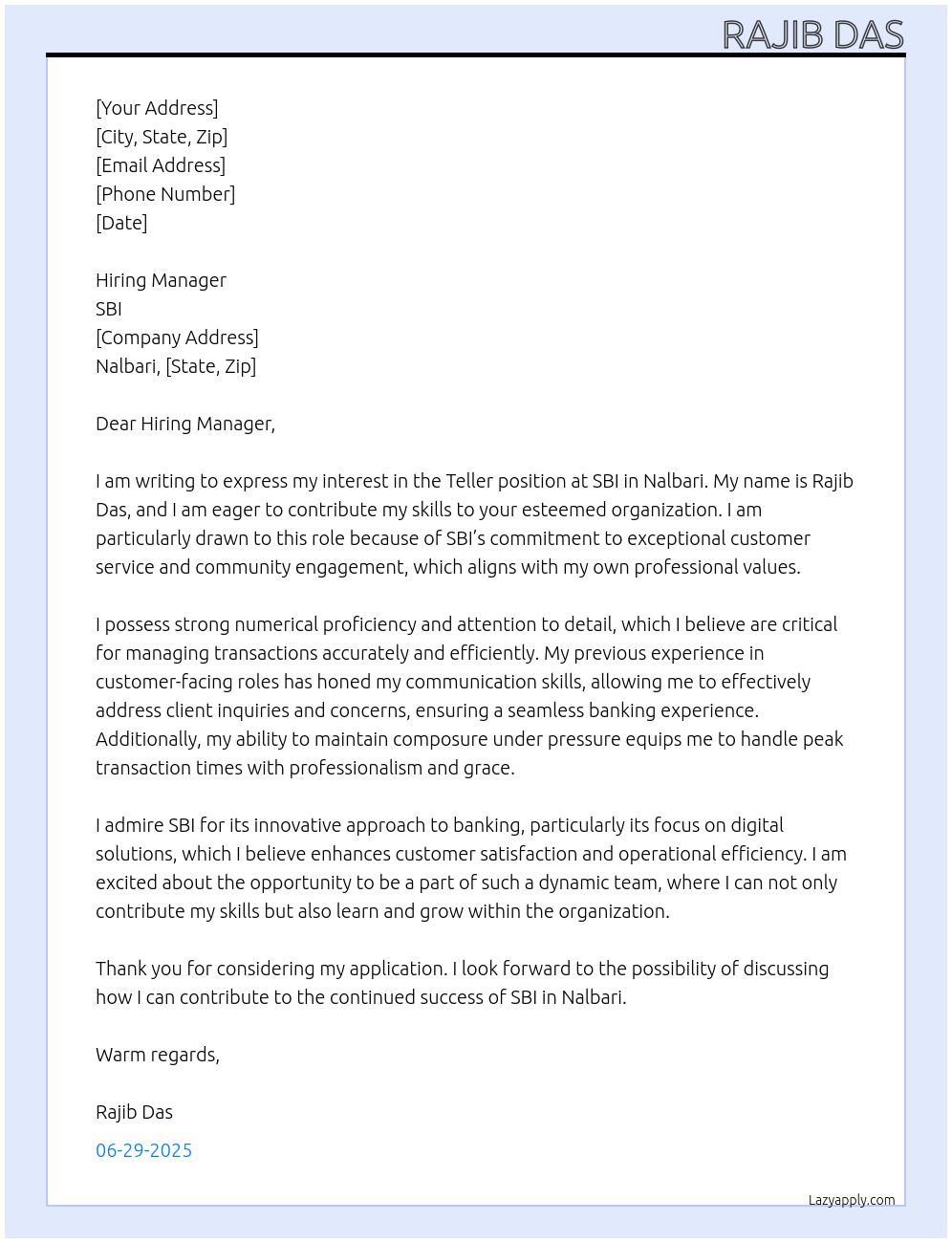 Teller At SBI Cover Letter