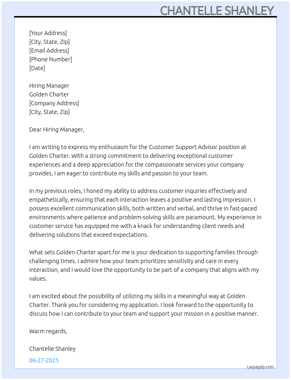 Cover letter for customer support advisor - LazyApply