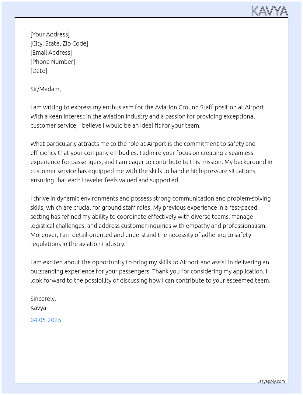 Aviation ground staff  At Airport  Cover Letter