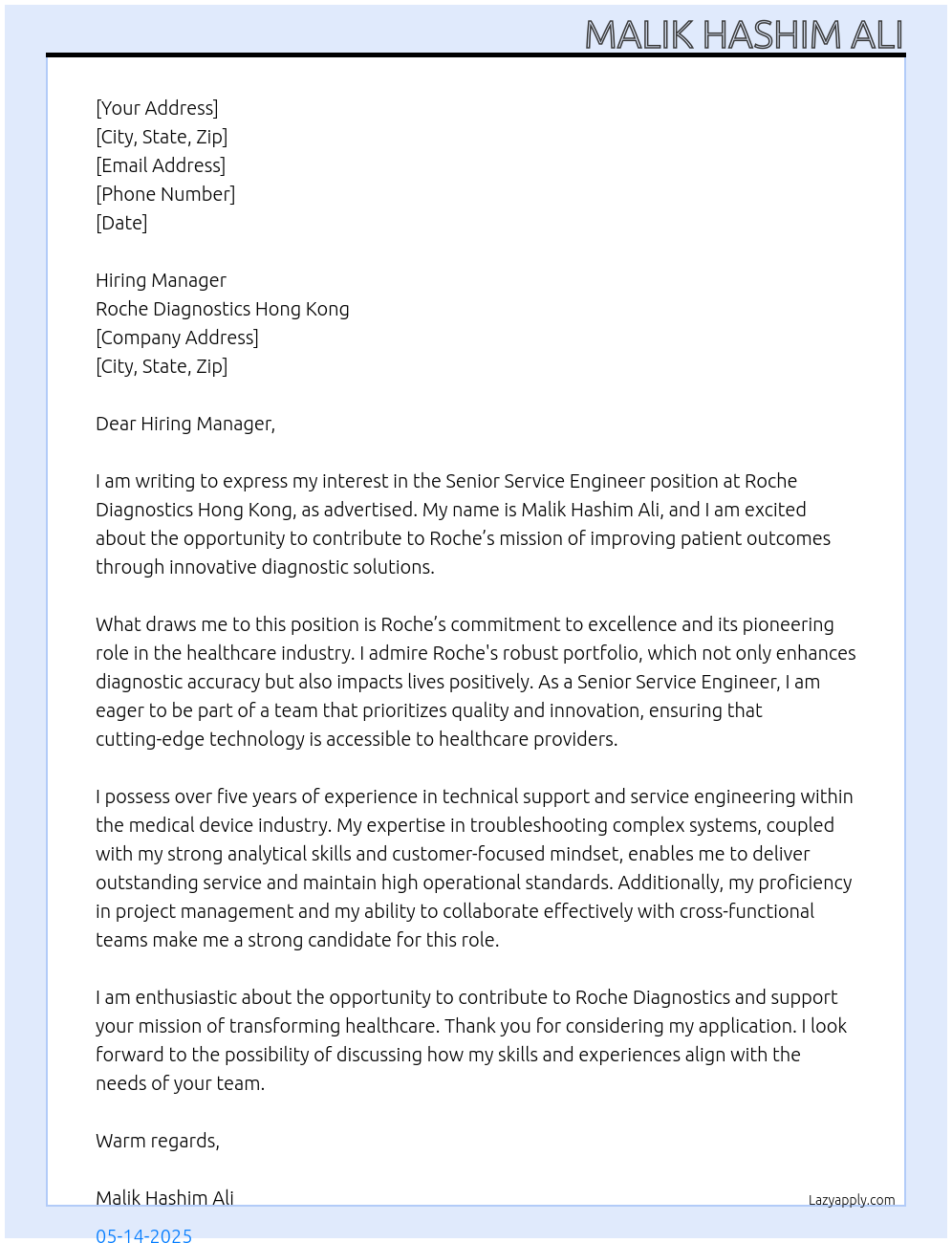 Senior Service Engineer At Roche Cover Letter