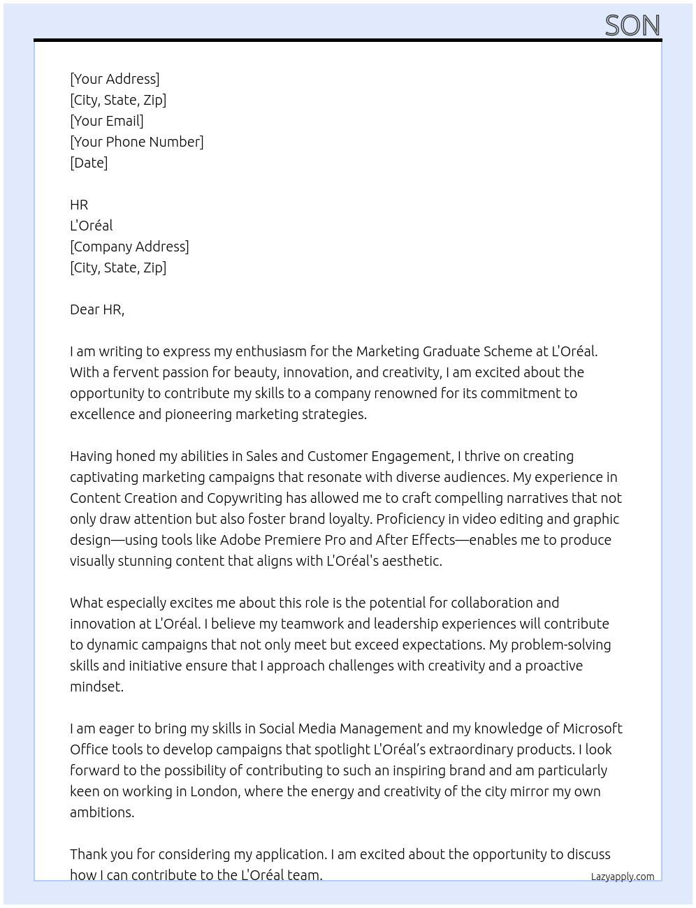 Marketing Graduate Scheme At L'Oréal Cover Letter