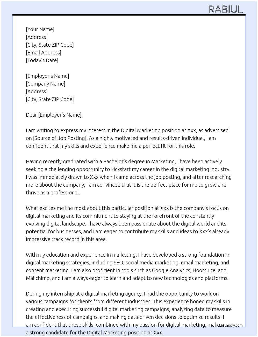 Digital marketing At Xxx Cover Letter