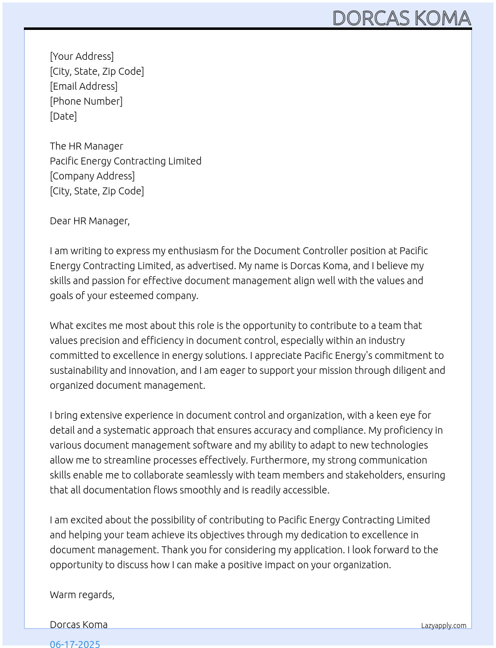 Document Controller At Pacific Energy Contracting Limited Cover Letter