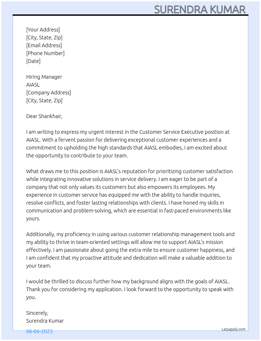 Customer service Executive At AIASL Cover Letter