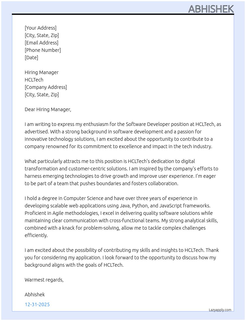 Cover letter for software developer - LazyApply