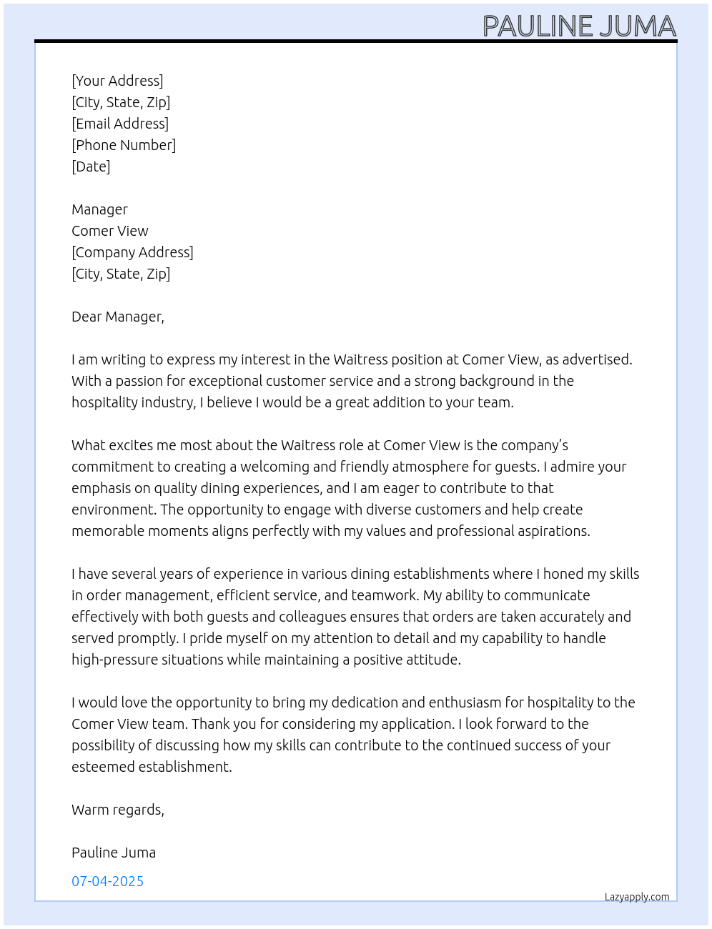 Waitress At Comer View Cover Letter
