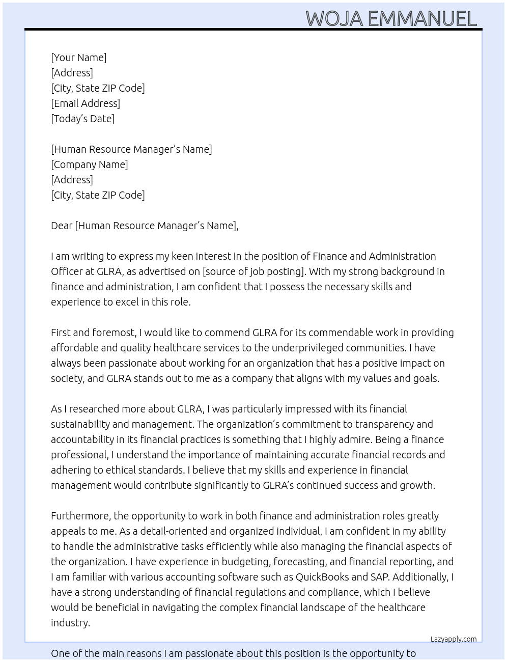 Finance and Administration officer At GLRA Cover Letter