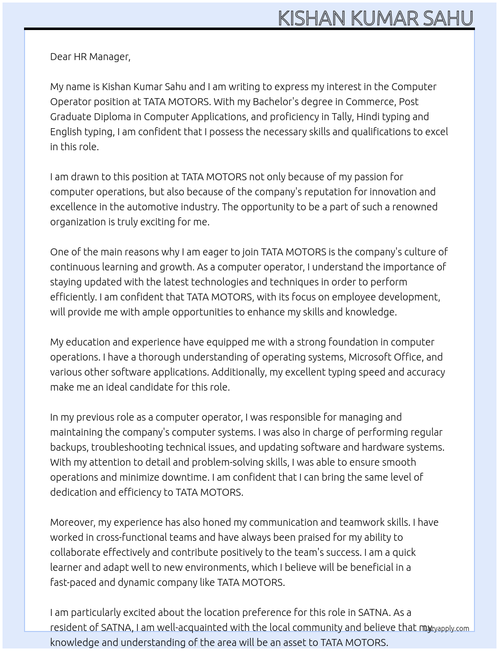 Computer Operator At TATA MOTORS Cover Letter