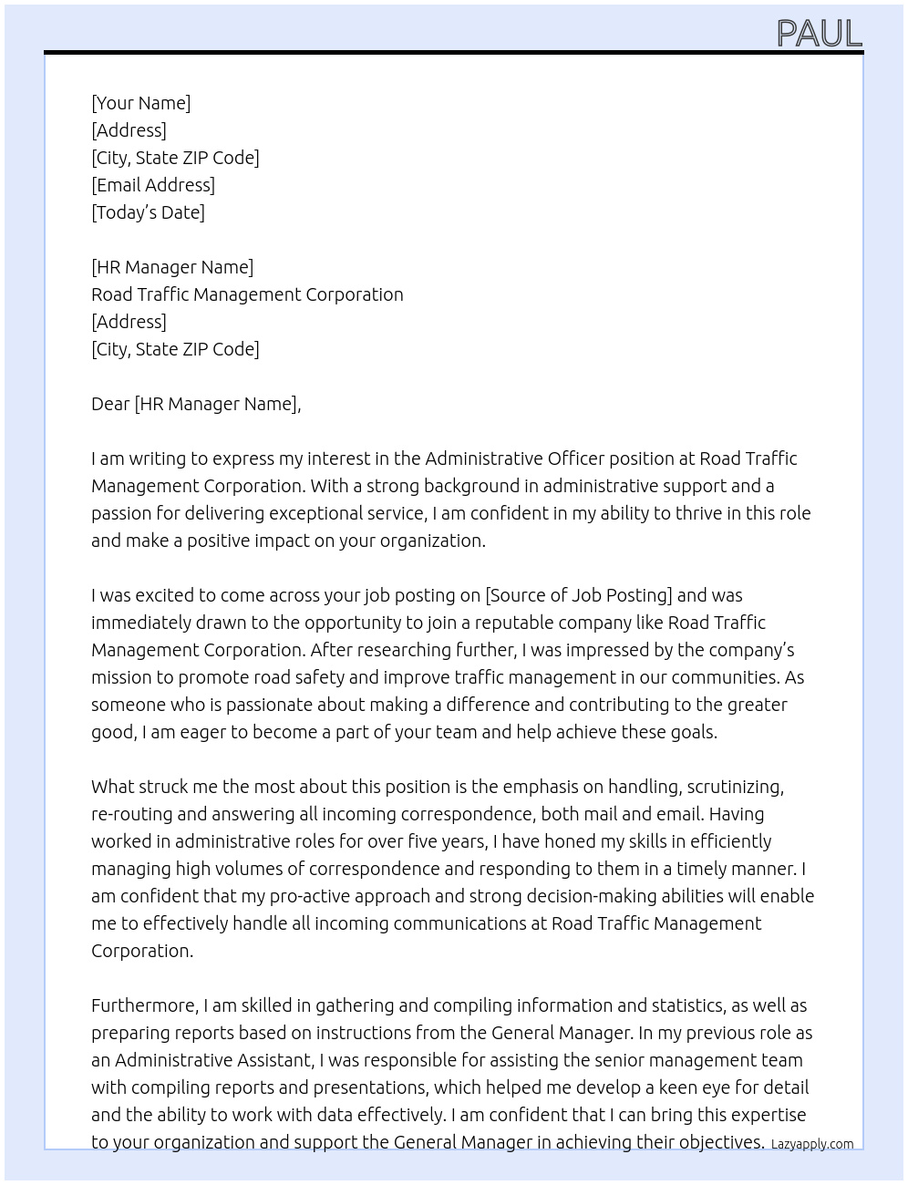 Administrative Officer At Road Traffic Management Corporation Cover Letter