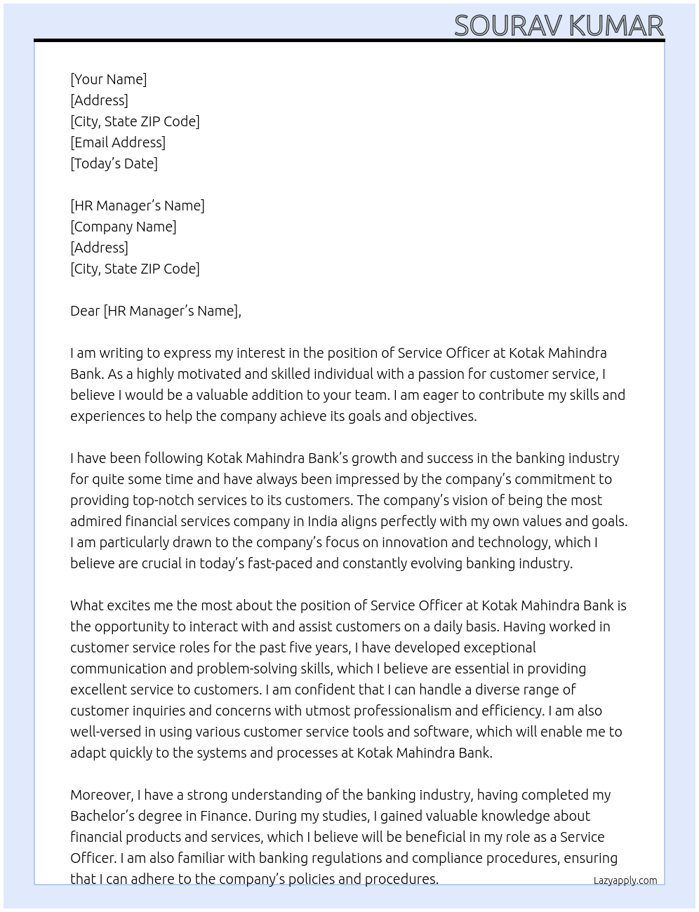 service officer At kotak mahindra bank Cover Letter