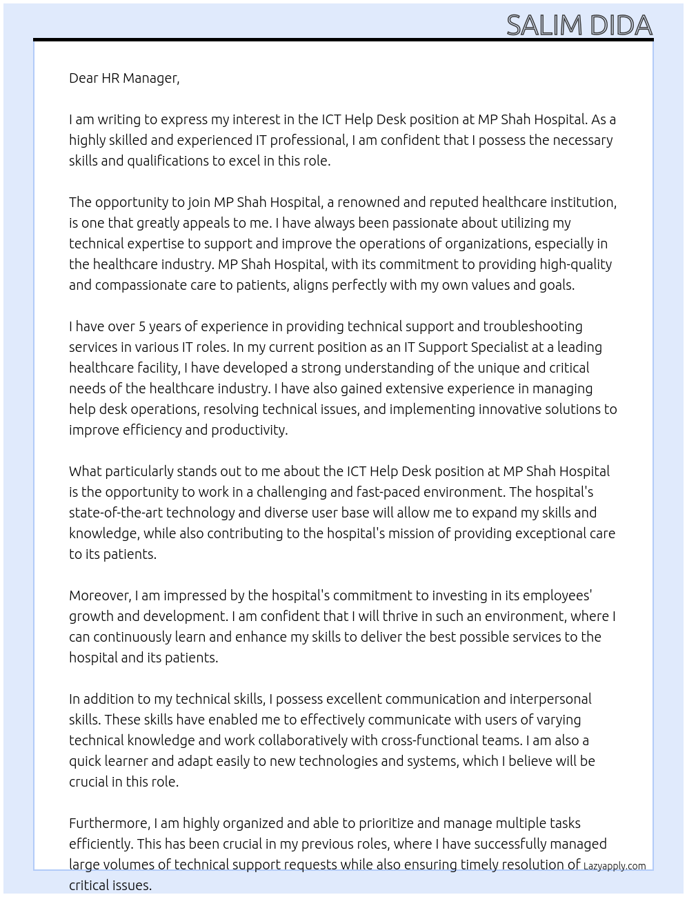 Cover letter for ict help desk - LazyApply
