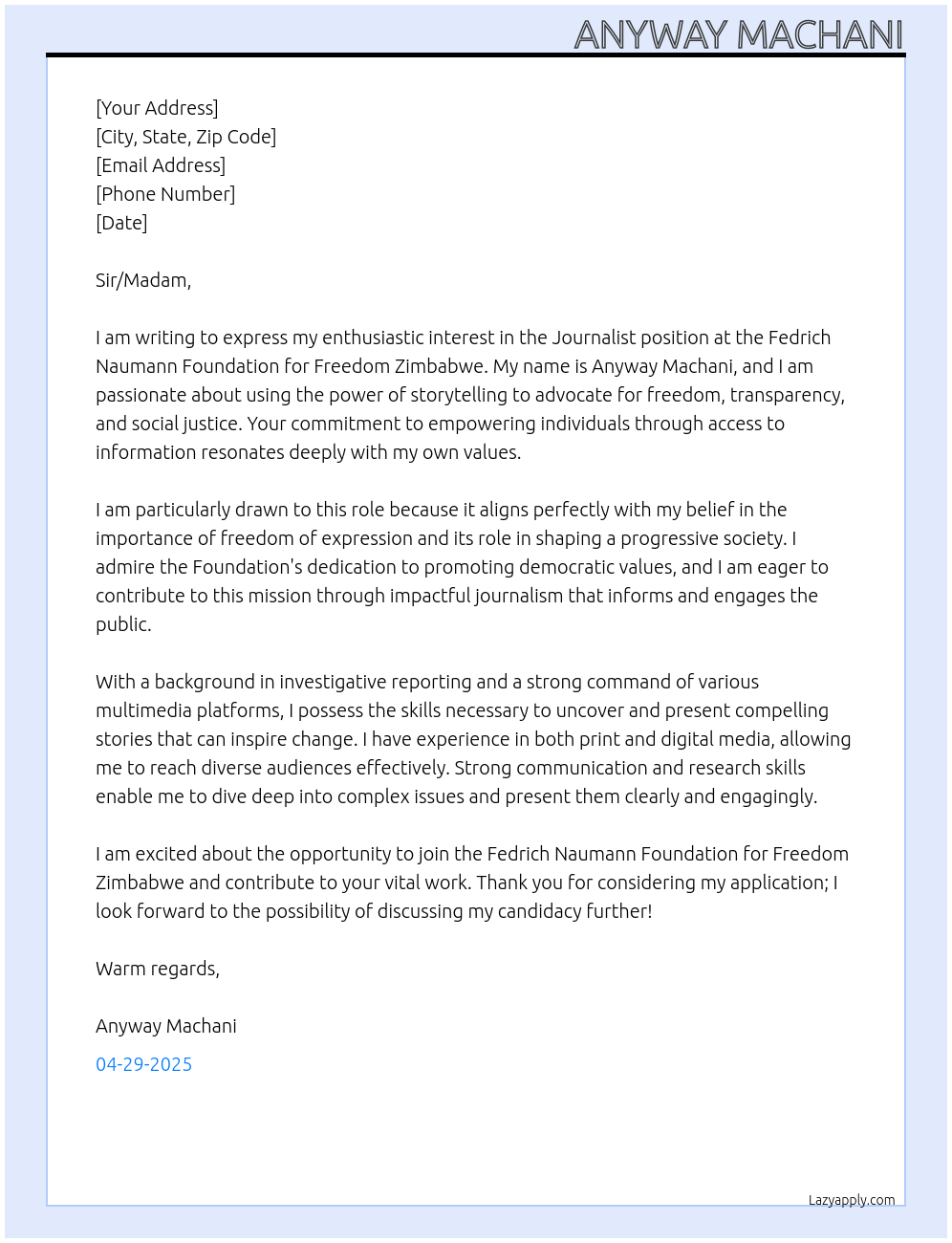 journalist At Fedrich Naumann Foundation for Freeddom Zimbabbwe Cover Letter