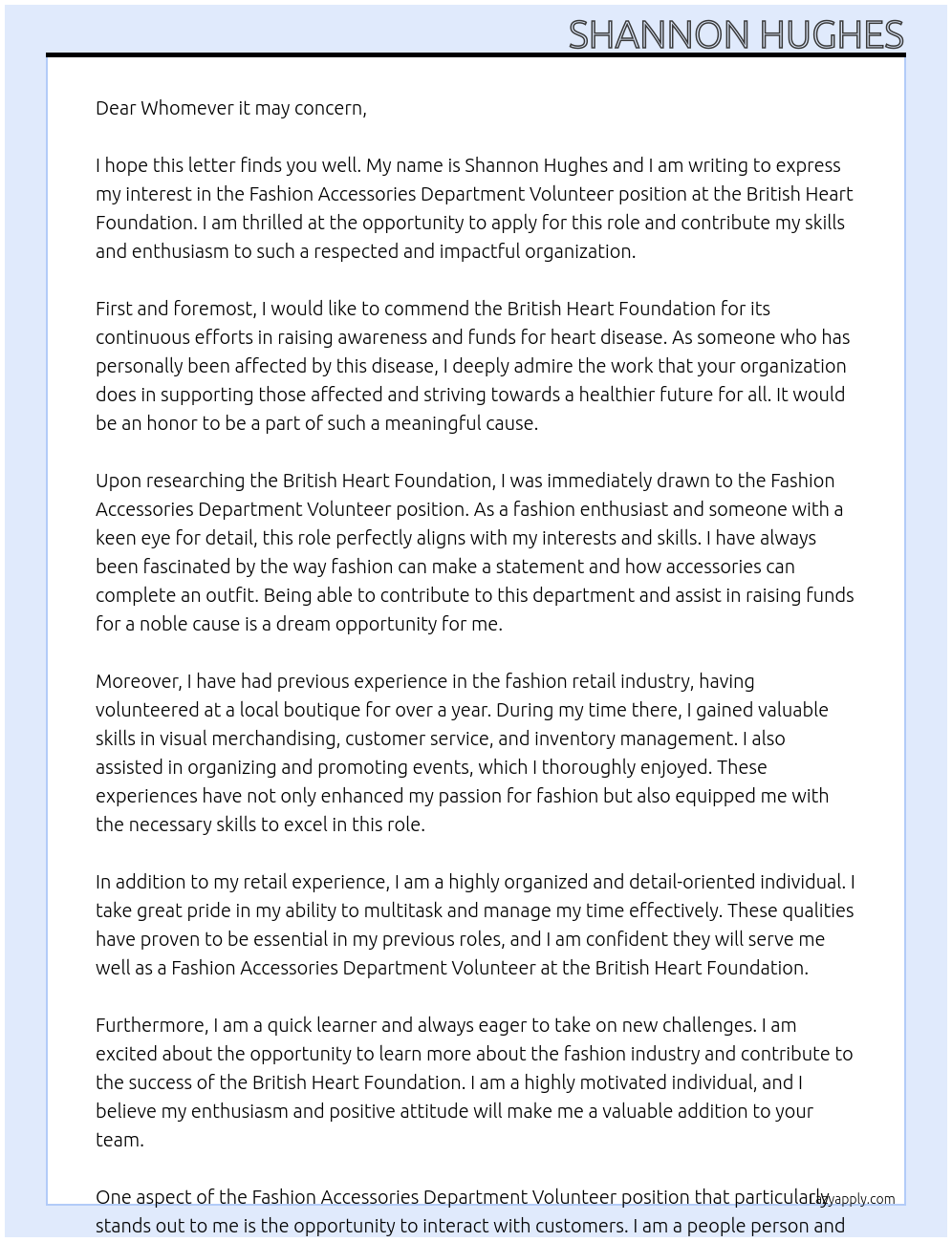 Cover letter for fashion accessories department volunteer - LazyApply