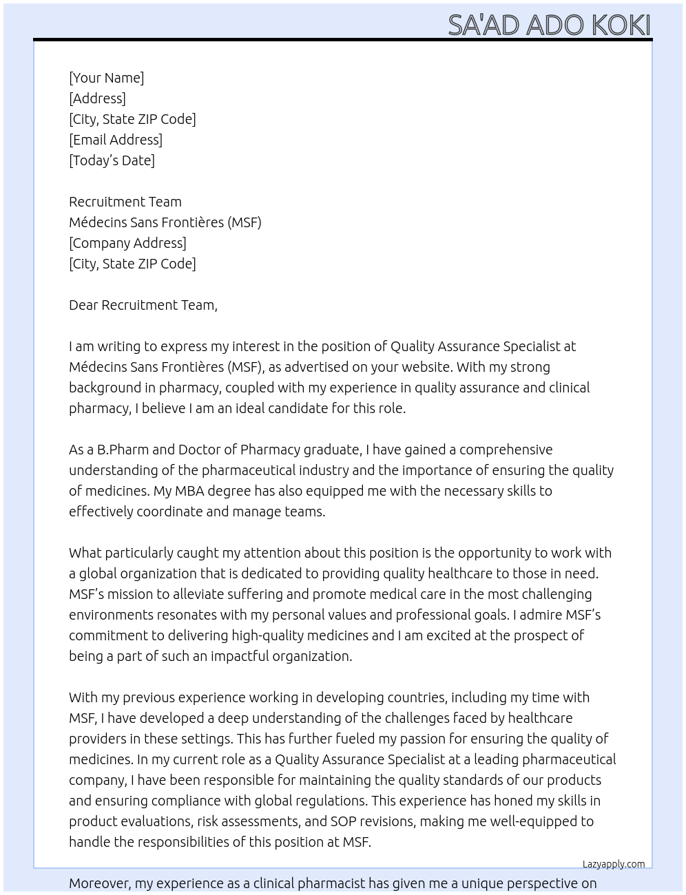 Quality Assurance Specialist At Médecins Sans Frontières (MSF) Cover Letter