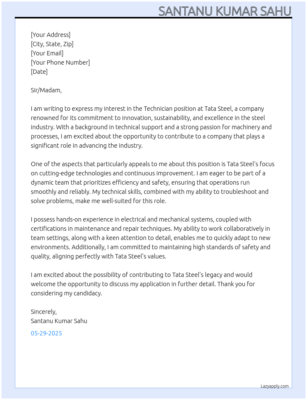 Technician At Tata steel Cover Letter