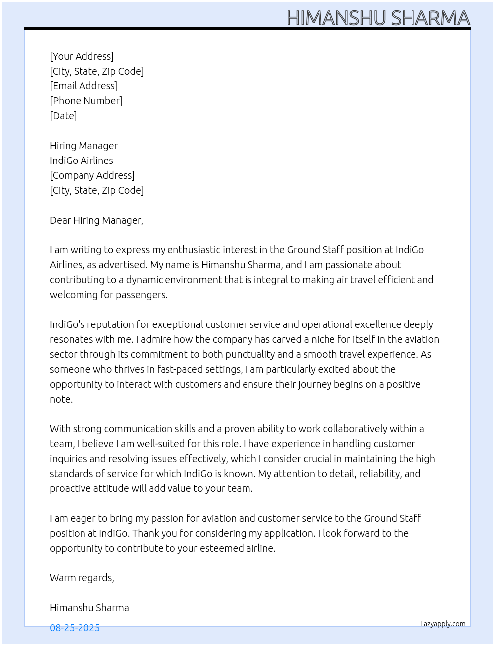 Airport At Indiago Cover Letter