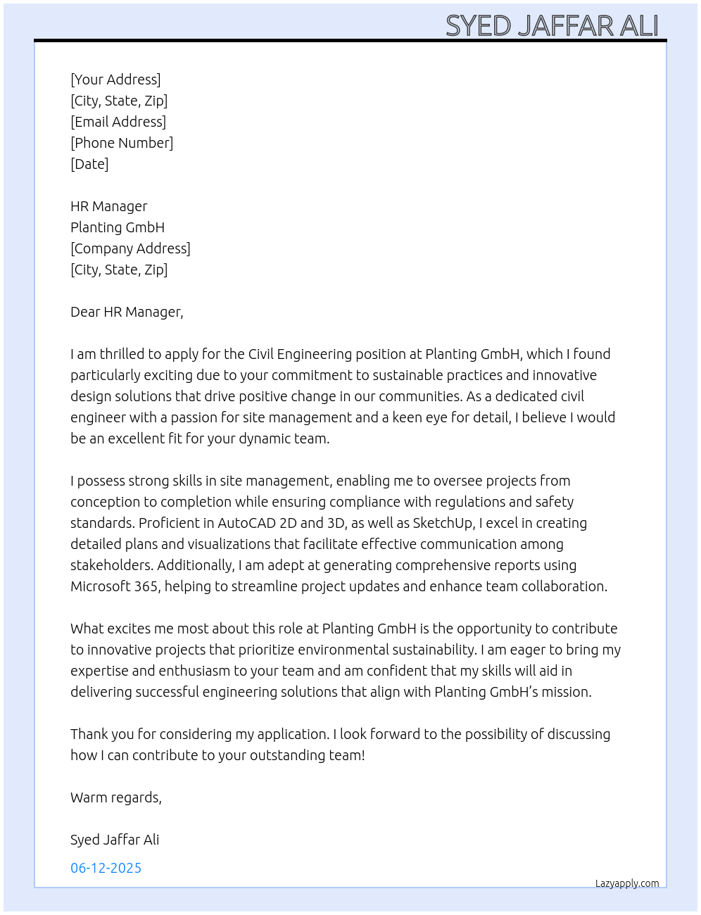 Civil engineering At planting GmbH Cover Letter