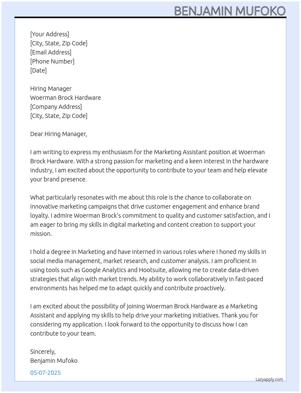 Marketing assistant At Woerman Brock hardware Cover Letter