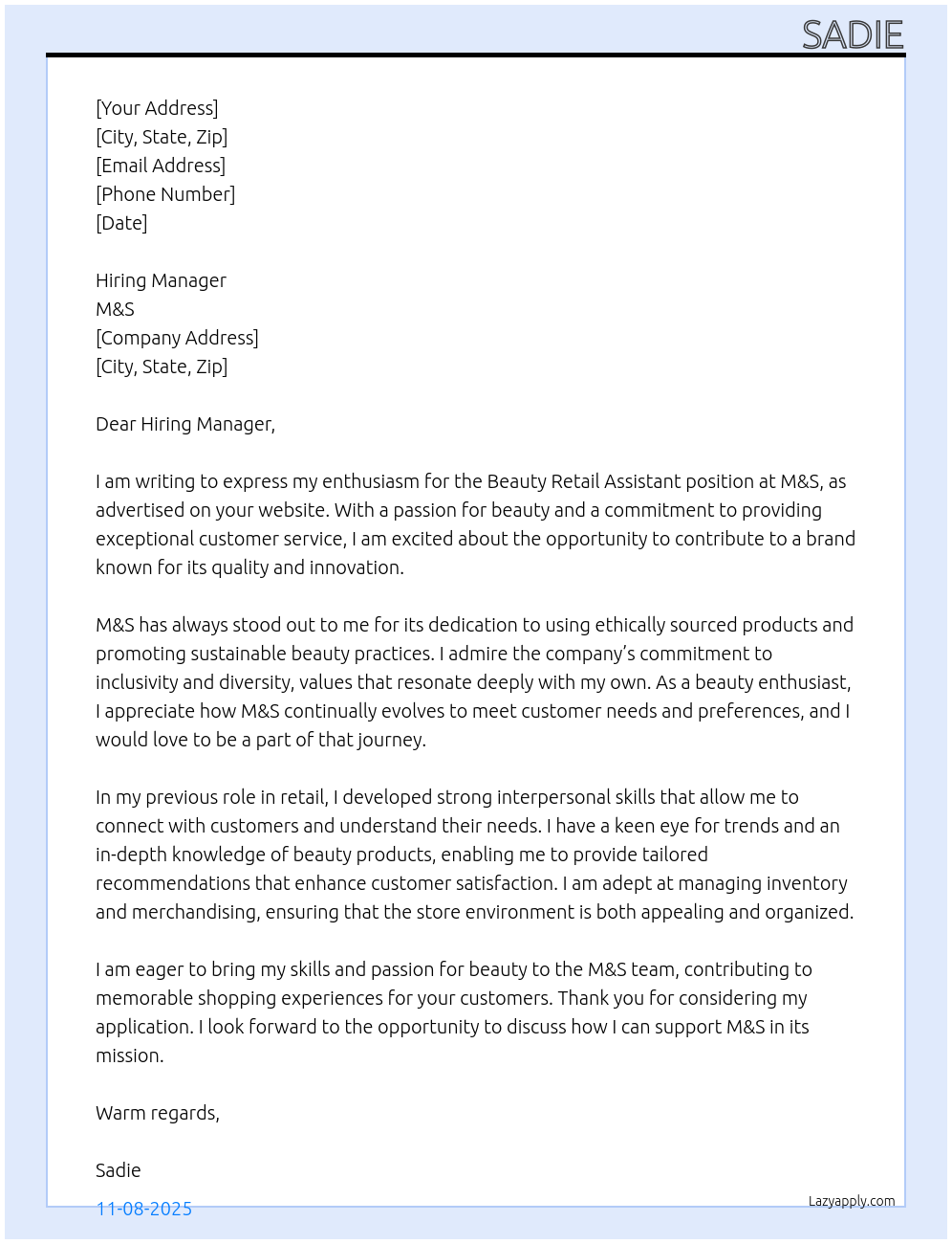 beauty retail assistant At M&s Cover Letter