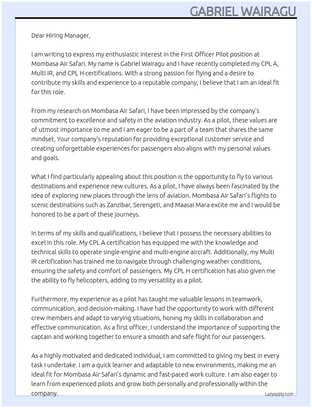 Cover letter for first officer pilot - LazyApply