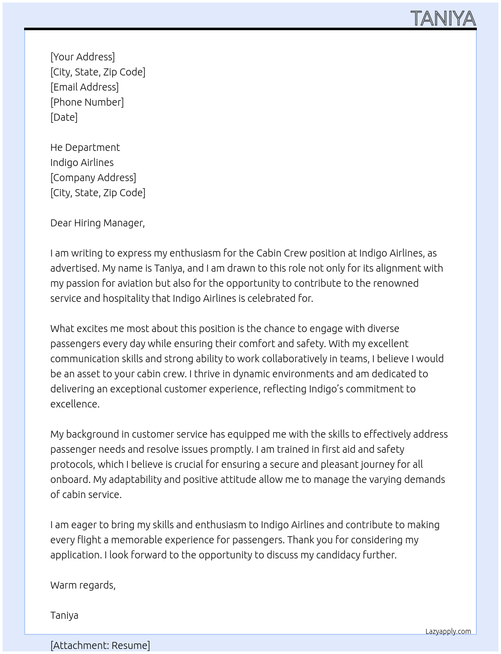 Cabin crew At Indigo airline Cover Letter